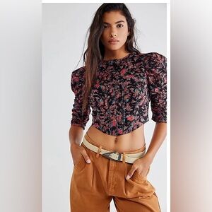 Free People Monica Cropped Top Sz Large Floral Black Open Back